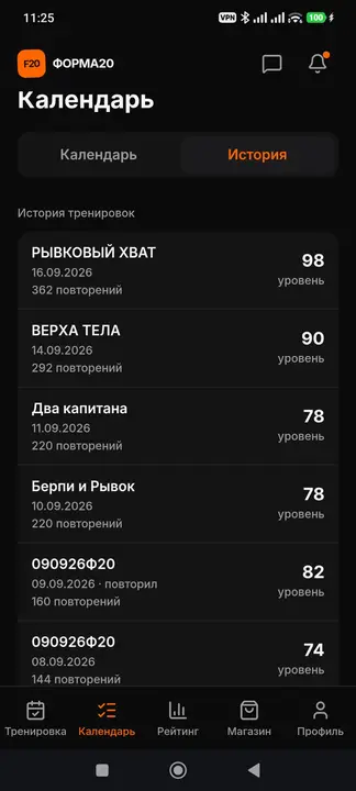 История тренировок участника ФОРМА20